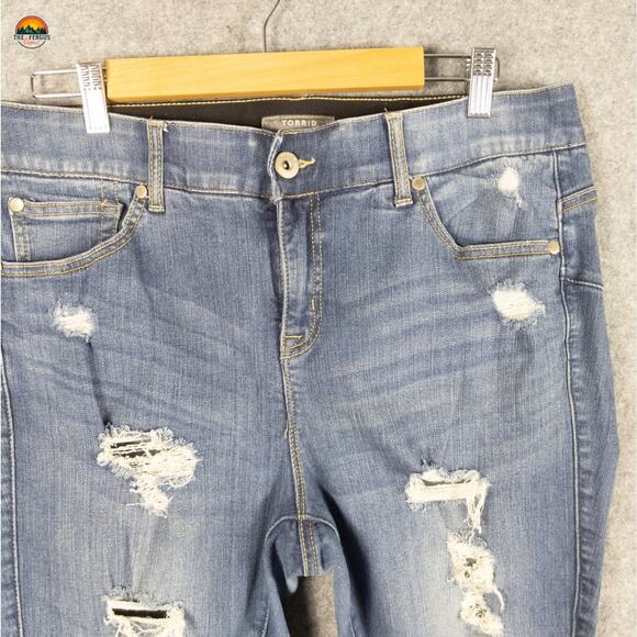 Torrid Bombshell Skinny Jeans Blue Distressed Fringe Denim Women's Plus Size 14S - Picture 9 of 13